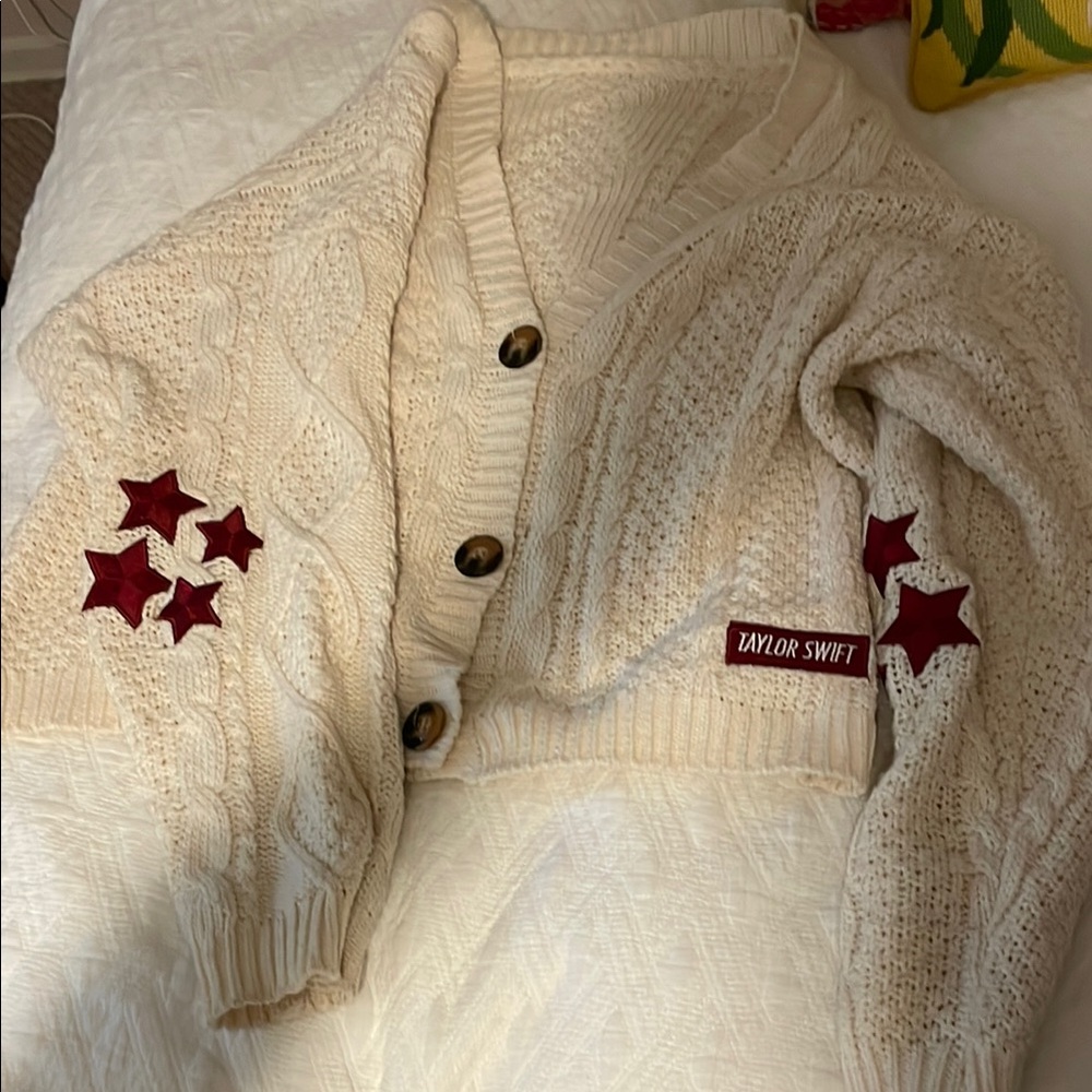 Taylor Swift Cream Cardigan with Red Star Accents